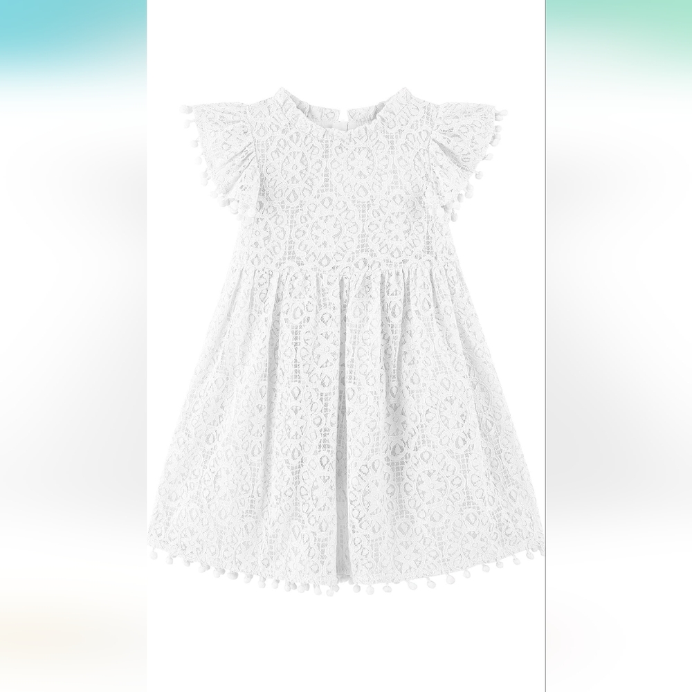 Toddler Girls Hollow Lace Pom Pom Flutter Sleeve Princess Party Dress